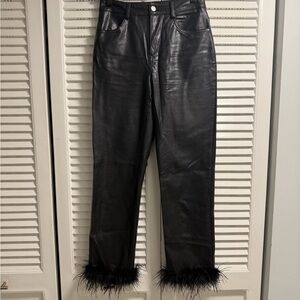 Altar'd State Black Feather Trim Straight Leg Faux Leather Pants